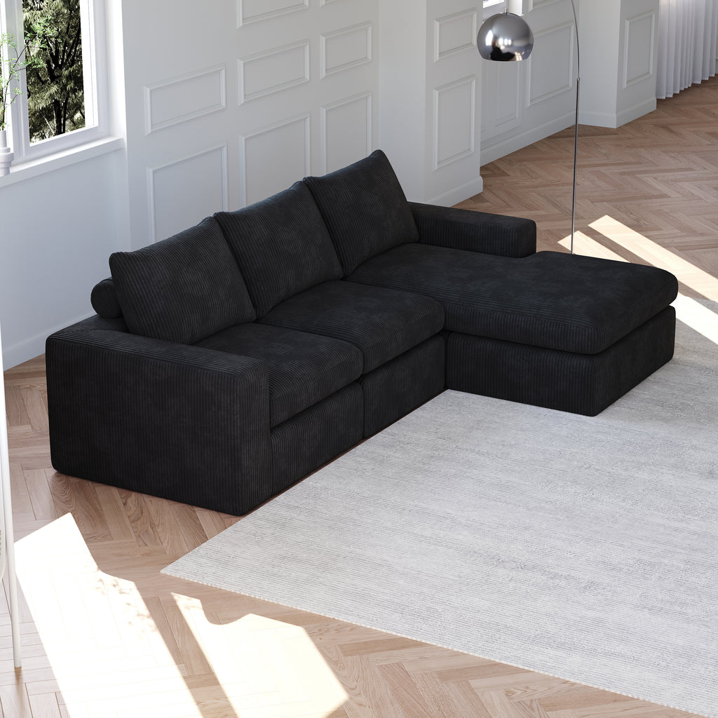 99-Inch Boneless Couch with Chaise, L-Shaped Modern Upholstered Sectional Sofa with Three pillows, Corduroy Sectional Sofa for Living Room and Bedroom, No Assembly Required