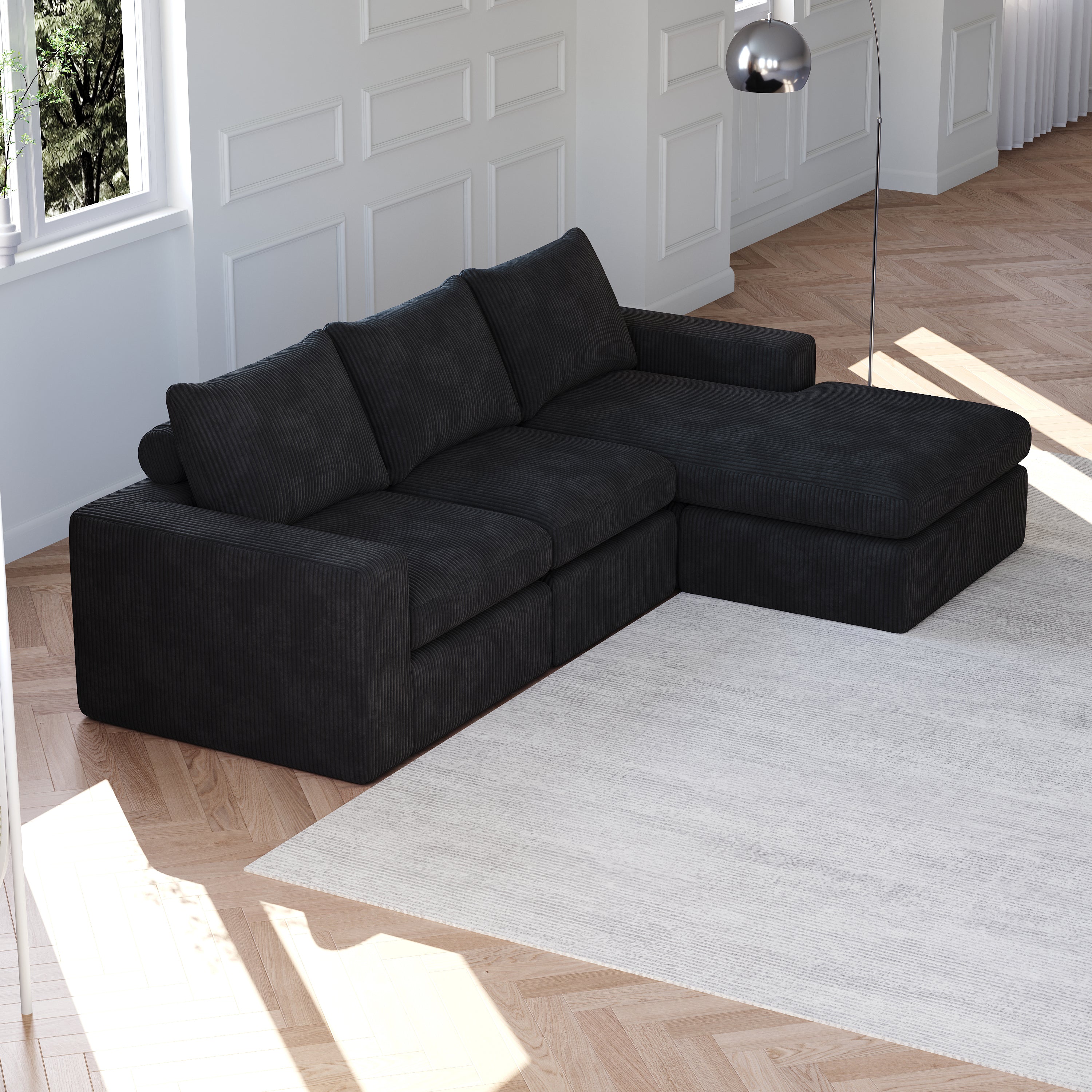 99-Inch Boneless Couch with Chaise, L-Shaped Modern Upholstered Sectional Sofa with Three pillows, Corduroy Sectional Sofa for Living Room and Bedroom, No Assembly Required