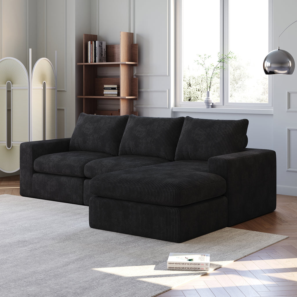 99-Inch Boneless Couch with Chaise, L-Shaped Modern Upholstered Sectional Sofa with Three pillows, Corduroy Sectional Sofa for Living Room and Bedroom, No Assembly Required