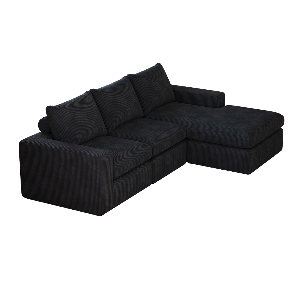 99-Inch Boneless Couch with Chaise, L-Shaped Modern Upholstered Sectional Sofa with Three pillows, Corduroy Sectional Sofa for Living Room and Bedroom, No Assembly Required