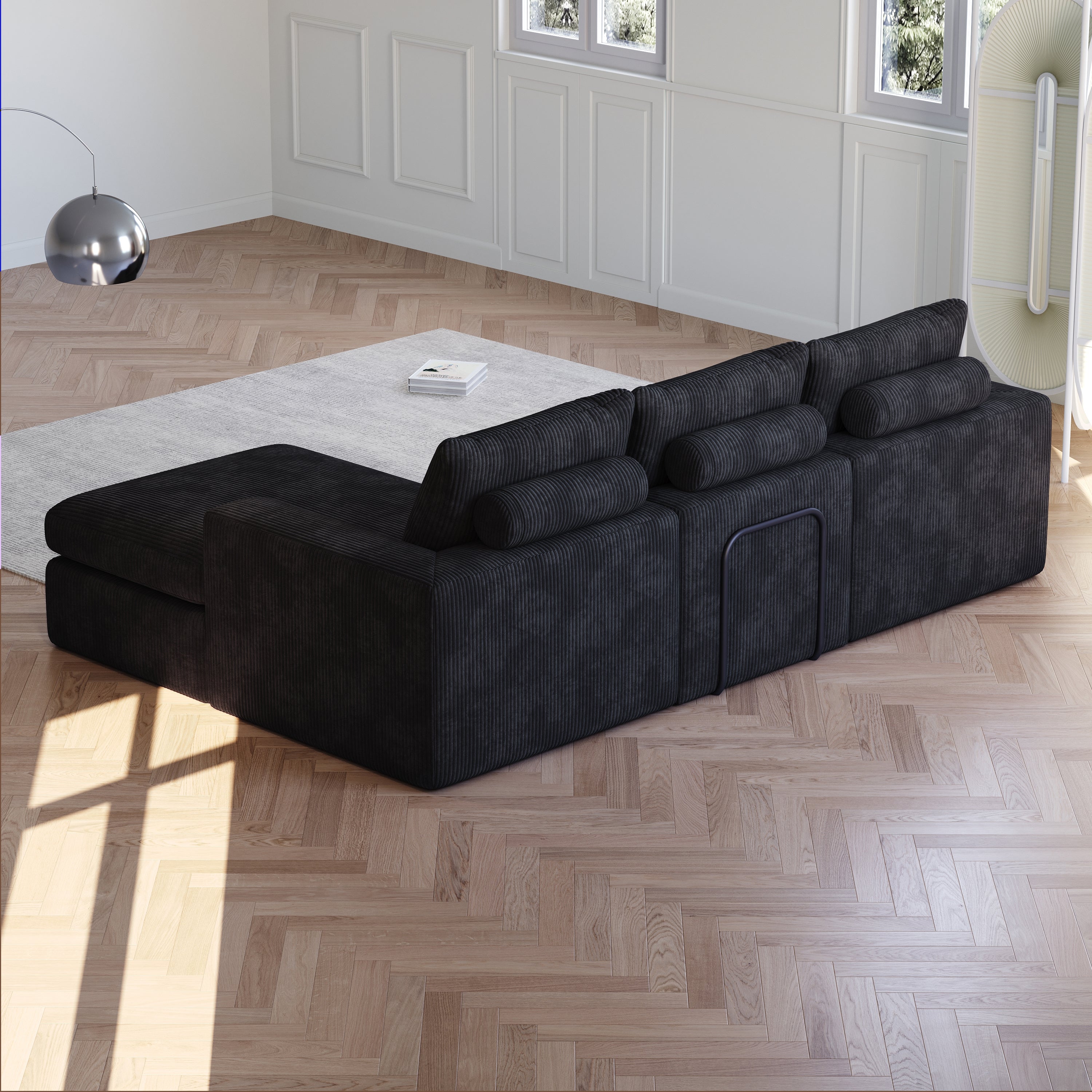 99-Inch Boneless Couch with Chaise, L-Shaped Modern Upholstered Sectional Sofa with Three pillows, Corduroy Sectional Sofa for Living Room and Bedroom, No Assembly Required