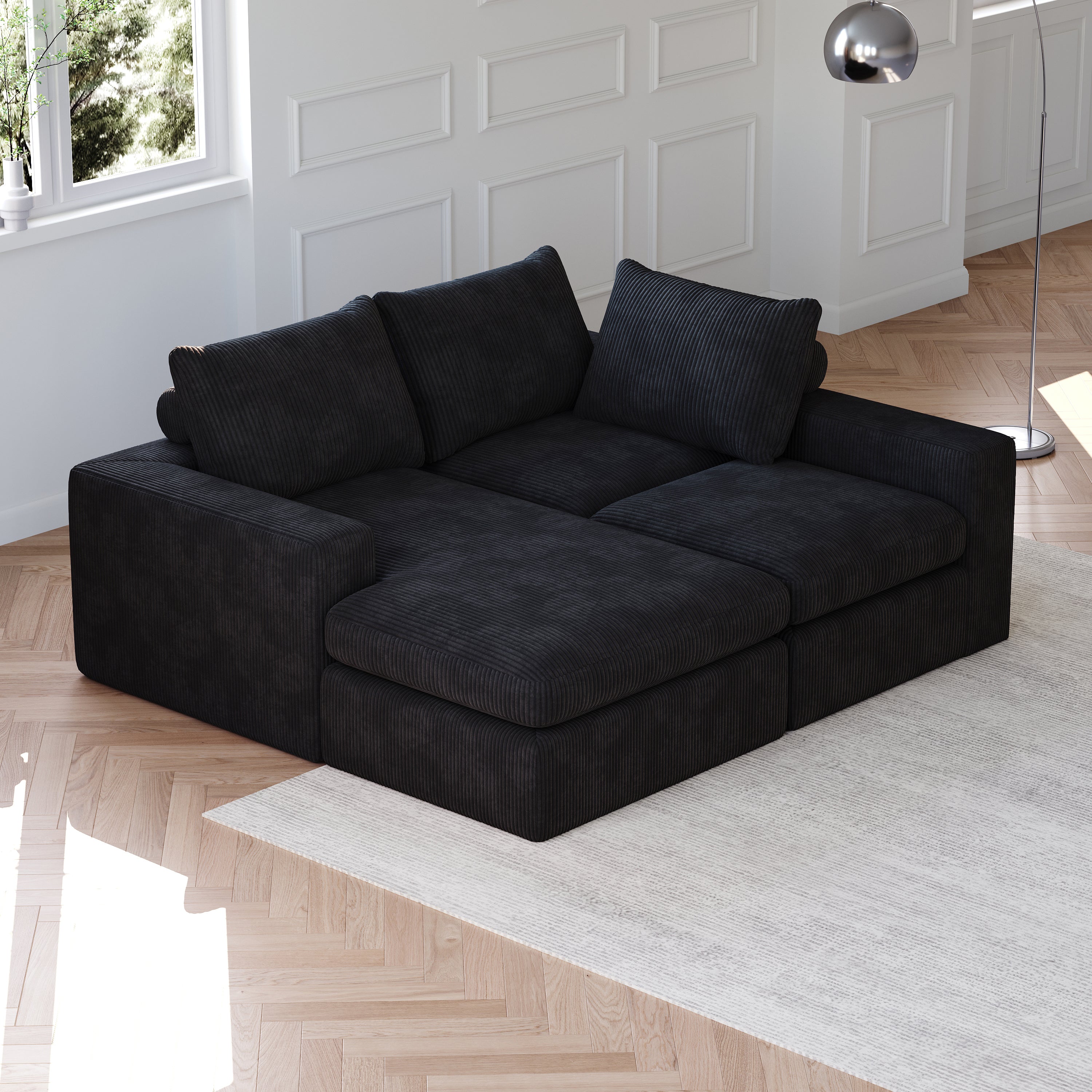 99-Inch Boneless Couch with Chaise, L-Shaped Modern Upholstered Sectional Sofa with Three pillows, Corduroy Sectional Sofa for Living Room and Bedroom, No Assembly Required