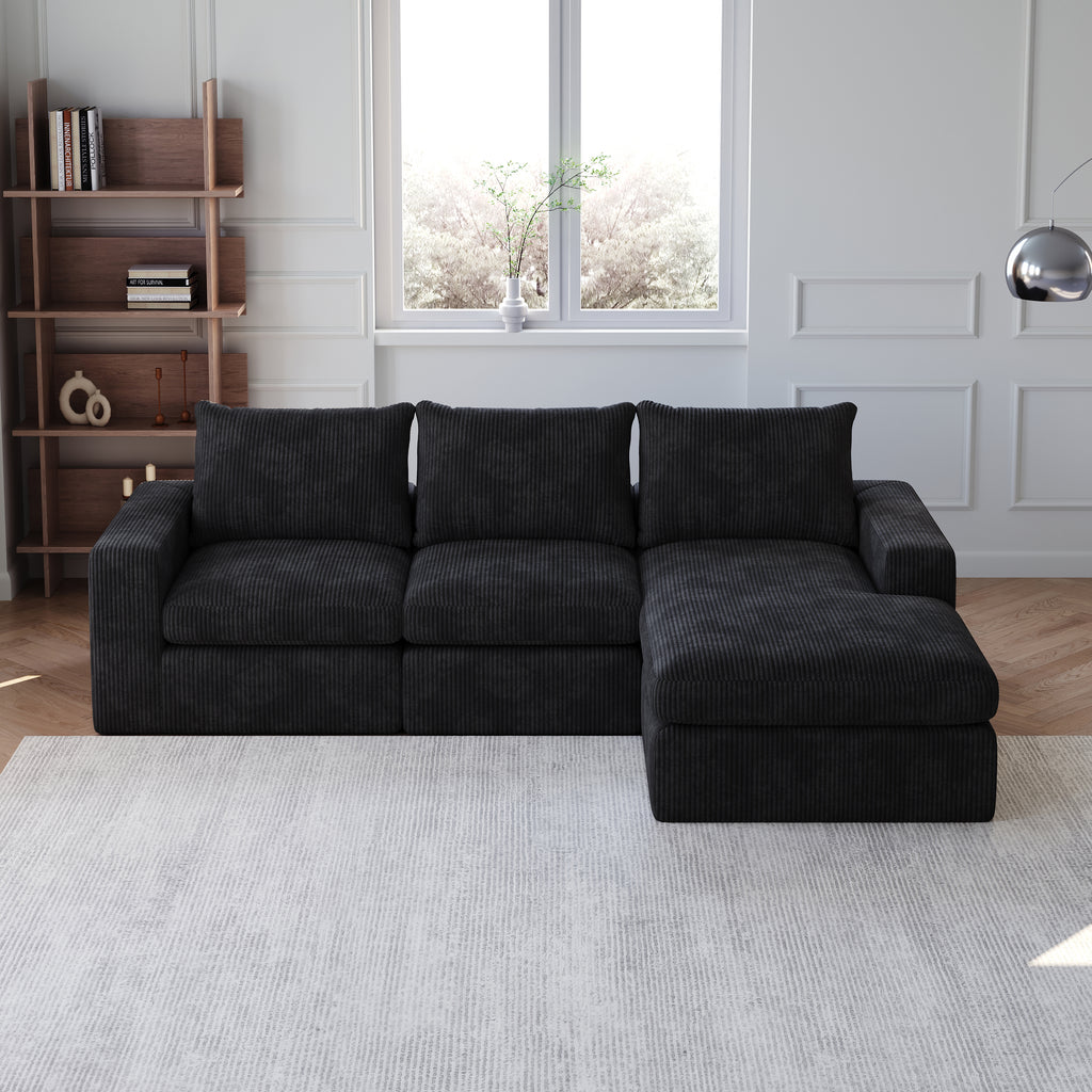 99-Inch Boneless Couch with Chaise, L-Shaped Modern Upholstered Sectional Sofa with Three pillows, Corduroy Sectional Sofa for Living Room and Bedroom, No Assembly Required