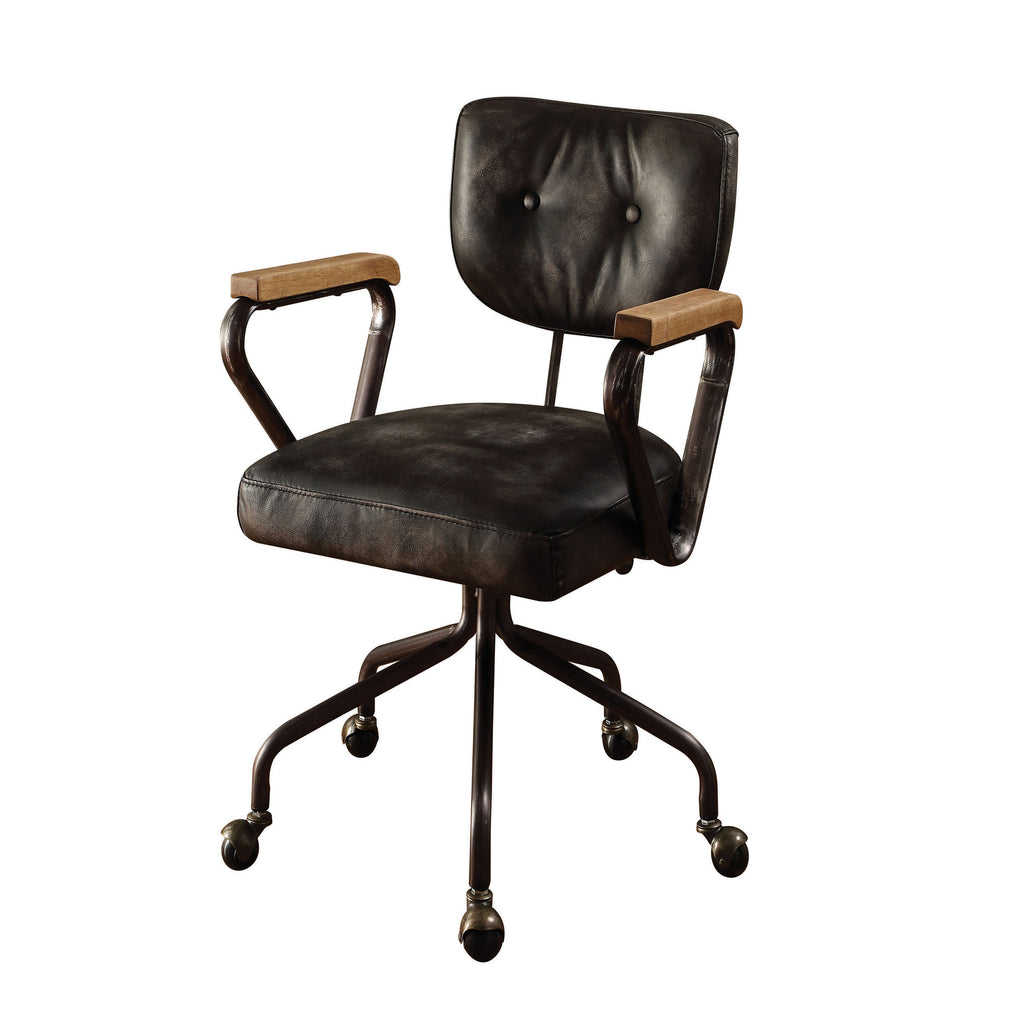 Vintage Black Swivel Office Chair - Leather seat with nailhead trim, wooden armrests, and rolling 5-star metal base for stylish office use.