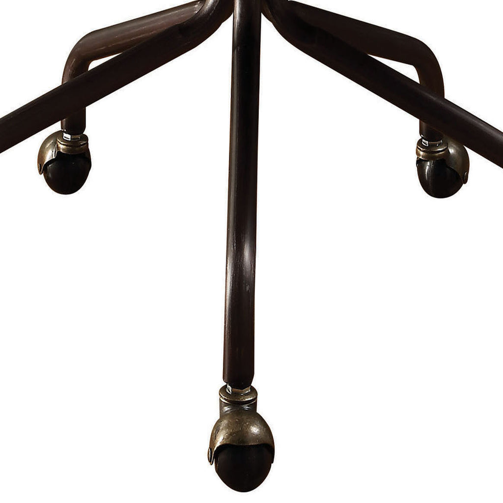 Close-up of 5-star metal base with rolling casters on the Vintage Black Swivel Office Chair, designed for mobility and stability.