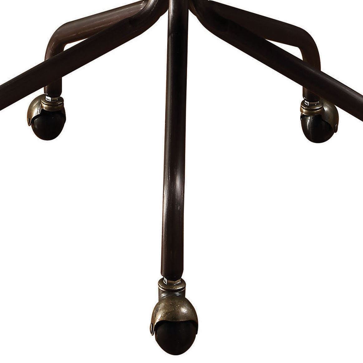 Close-up of 5-star metal base with rolling casters on the Vintage Black Swivel Office Chair, designed for mobility and stability.