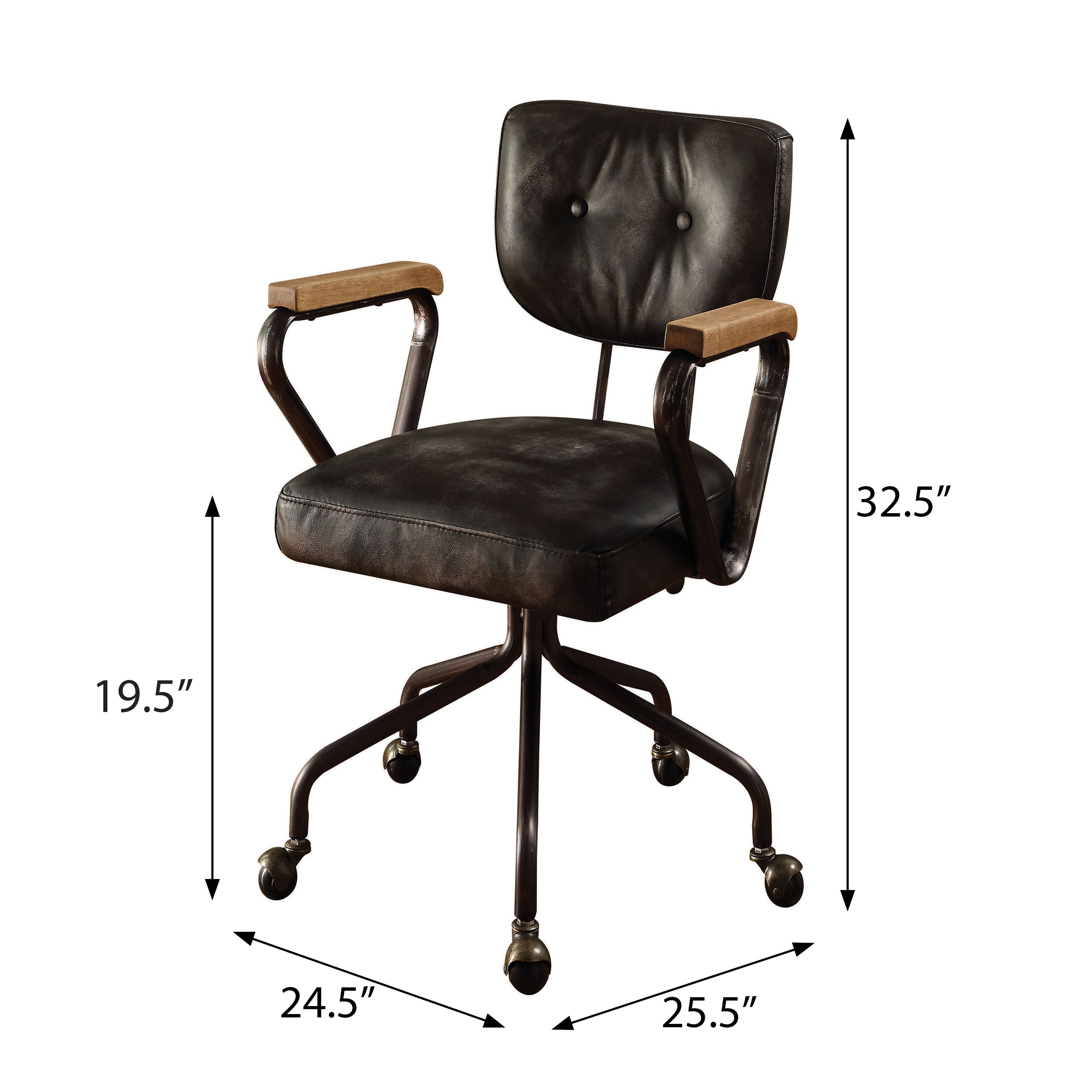Dimensions of Vintage Black Swivel Office Chair shown: 32.5” height, 24.5” depth, 25.5” width, and 19.5” seat height for ergonomic fit.