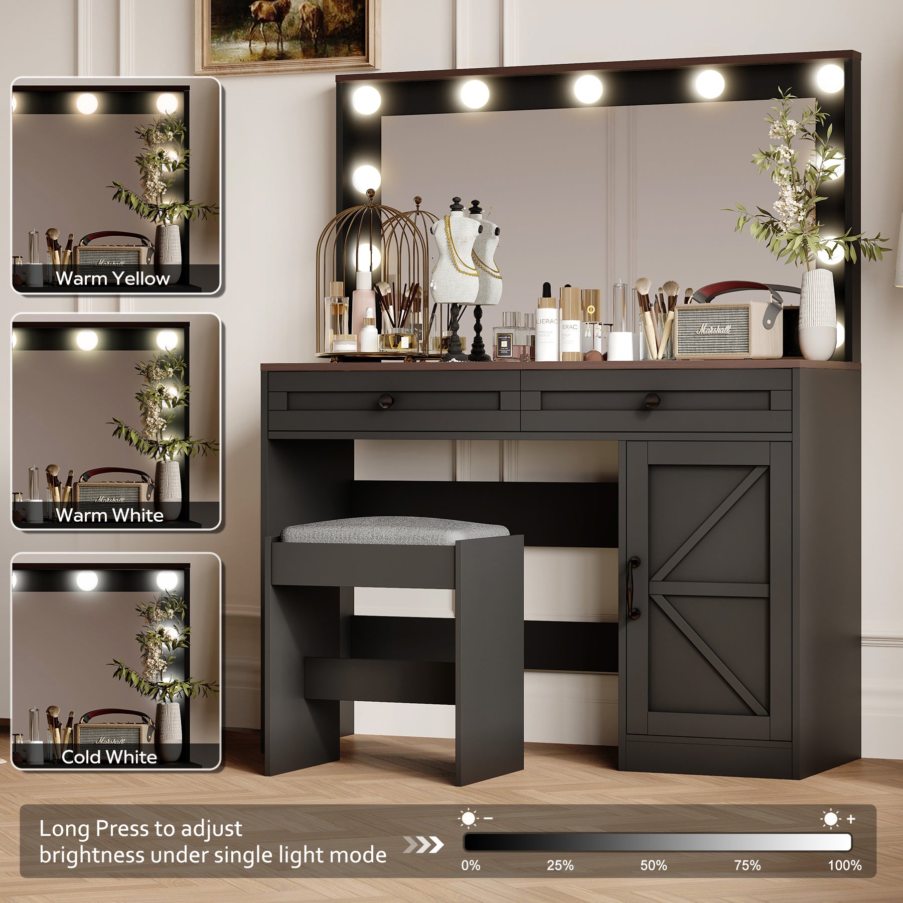 43.4'Makeup Vanity Table, Makeup Table with Large Mirror and 11 LED Light , Brightness Adjustable, Dressing Table Desk with 3 Drawers, Vanity Desk for Women(Black with Stool)