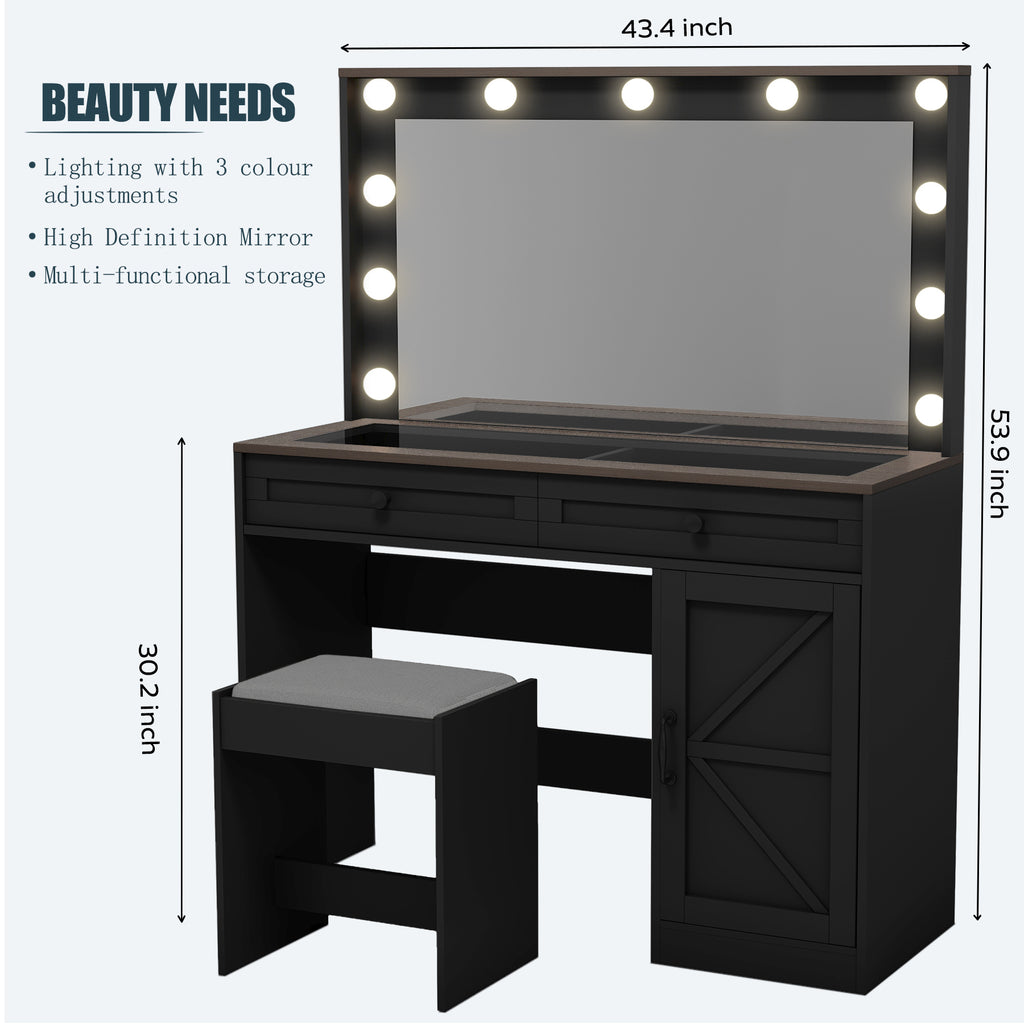 43.4'Makeup Vanity Table, Makeup Table with Large Mirror and 11 LED Light , Brightness Adjustable, Dressing Table Desk with 3 Drawers, Vanity Desk for Women(Black with Stool)