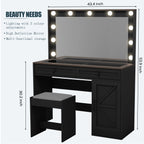 43.4'Makeup Vanity Table, Makeup Table with Large Mirror and 11 LED Light , Brightness Adjustable, Dressing Table Desk with 3 Drawers, Vanity Desk for Women(Black with Stool)