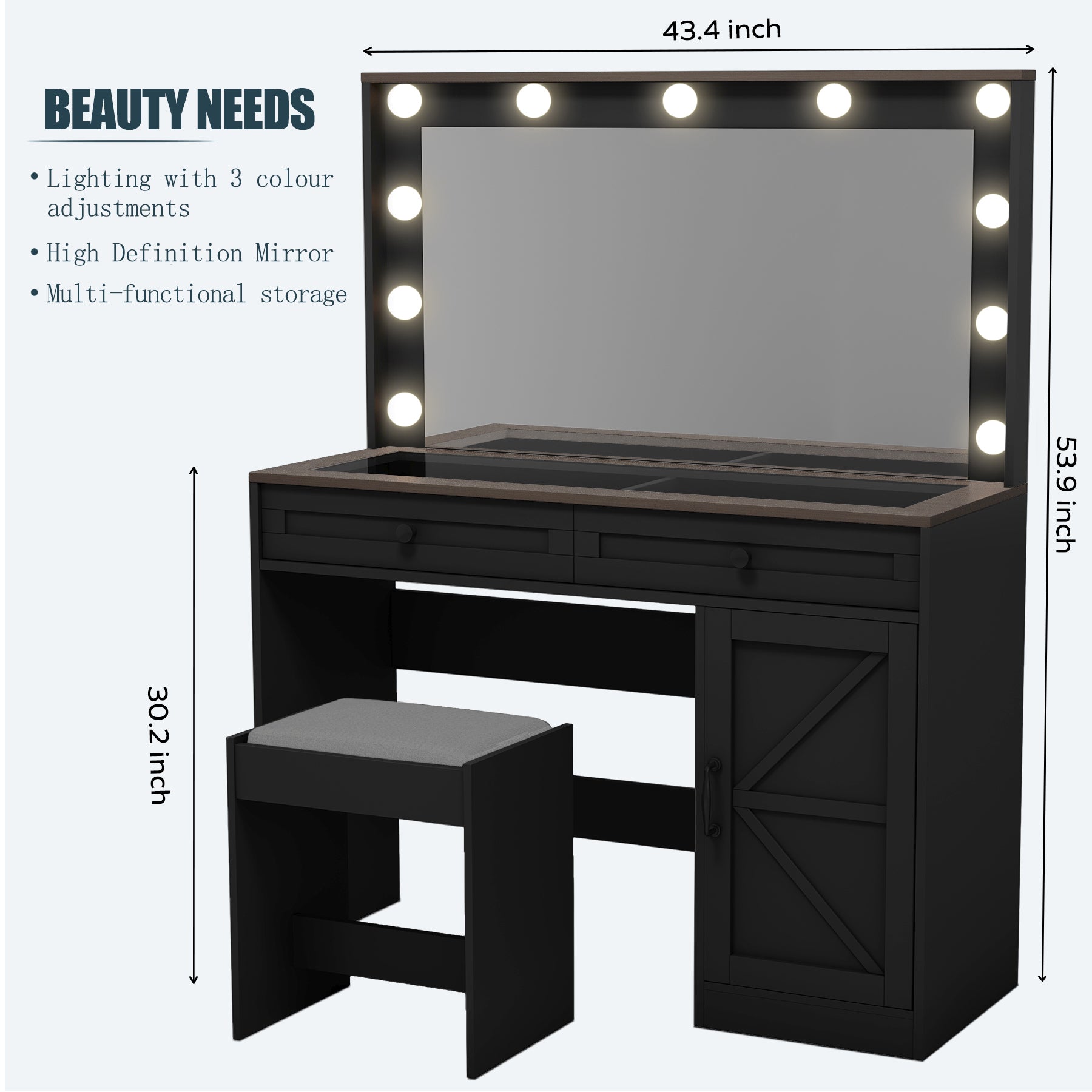 43.4'Makeup Vanity Table, Makeup Table with Large Mirror and 11 LED Light , Brightness Adjustable, Dressing Table Desk with 3 Drawers, Vanity Desk for Women(Black with Stool)