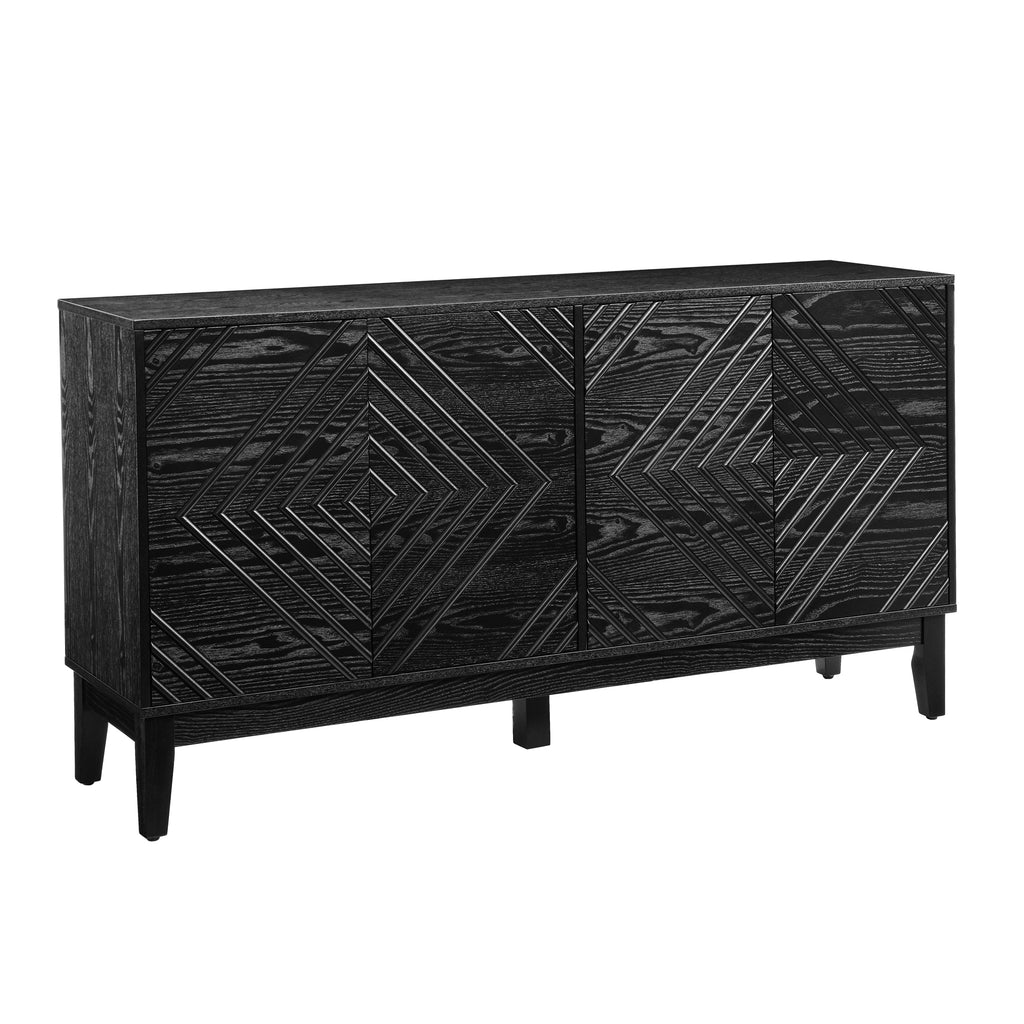 60.5'' Buffet Cabinet with Storage, Farmhouse Fluted Sideboard with Geometric Pattern & Adjustable Shelves, Mid Century Modern TV Stand for Living Room Kitchen Dining Room Entryway, Black