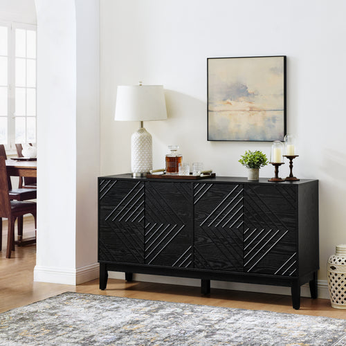 60.5'' Buffet Cabinet with Storage, Farmhouse Fluted Sideboard with Geometric Pattern & Adjustable Shelves, Mid Century Modern TV Stand for Living Room Kitchen Dining Room Entryway, Black
