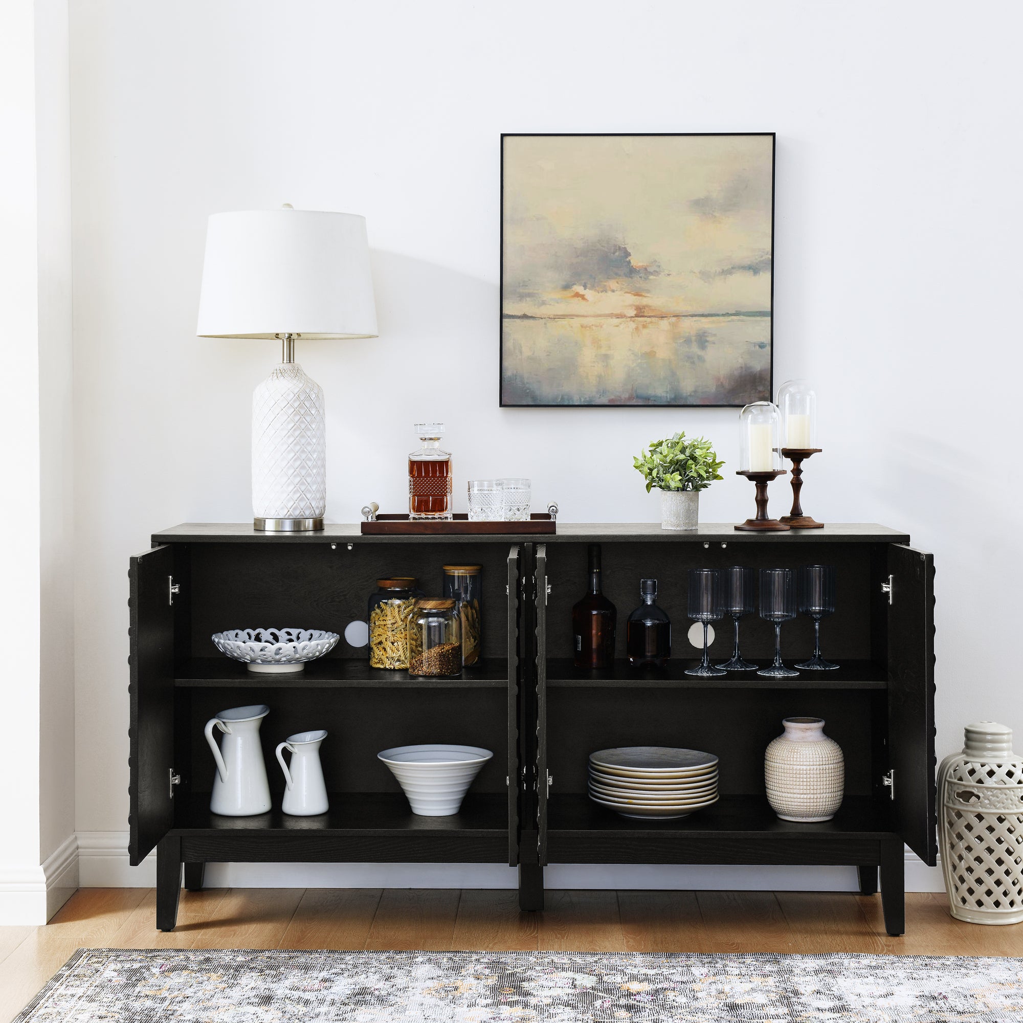 60.5'' Buffet Cabinet with Storage, Farmhouse Fluted Sideboard with Geometric Pattern & Adjustable Shelves, Mid Century Modern TV Stand for Living Room Kitchen Dining Room Entryway, Black