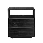 Mid Century Modern Nightstand with Charging Station & Outlet Hole & 2 Solid Wood Drawers, Louver Design Farmhouse End Table with Open Shelf & Drawer Dresser for Living Room Reception Room Dorm, Black