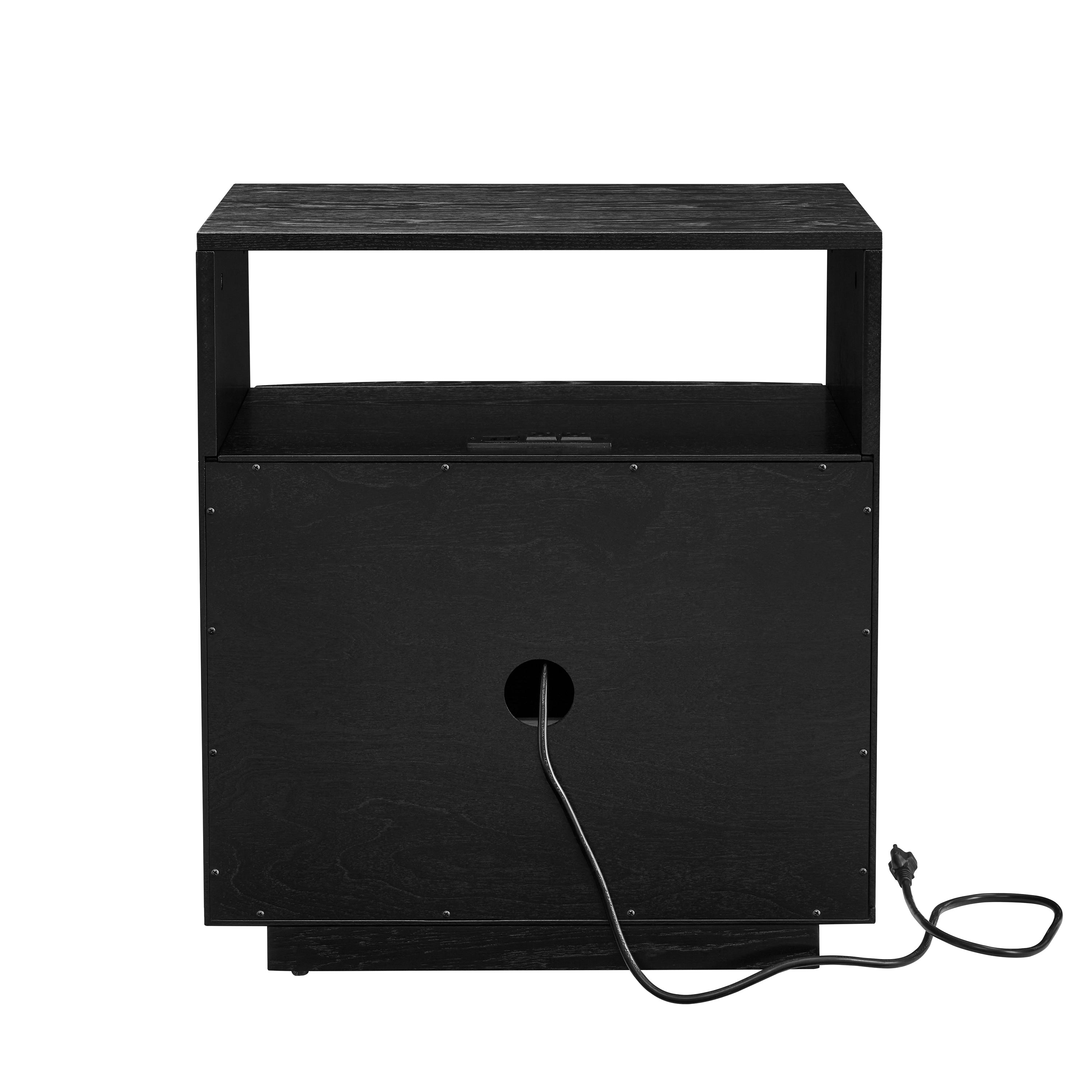 Mid Century Modern Nightstand with Charging Station & Outlet Hole & 2 Solid Wood Drawers, Louver Design Farmhouse End Table with Open Shelf & Drawer Dresser for Living Room Reception Room Dorm, Black