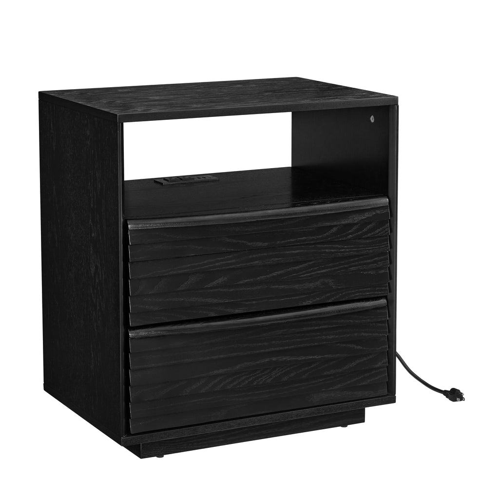 Mid Century Modern Nightstand with Charging Station & Outlet Hole & 2 Solid Wood Drawers, Louver Design Farmhouse End Table with Open Shelf & Drawer Dresser for Living Room Reception Room Dorm, Black