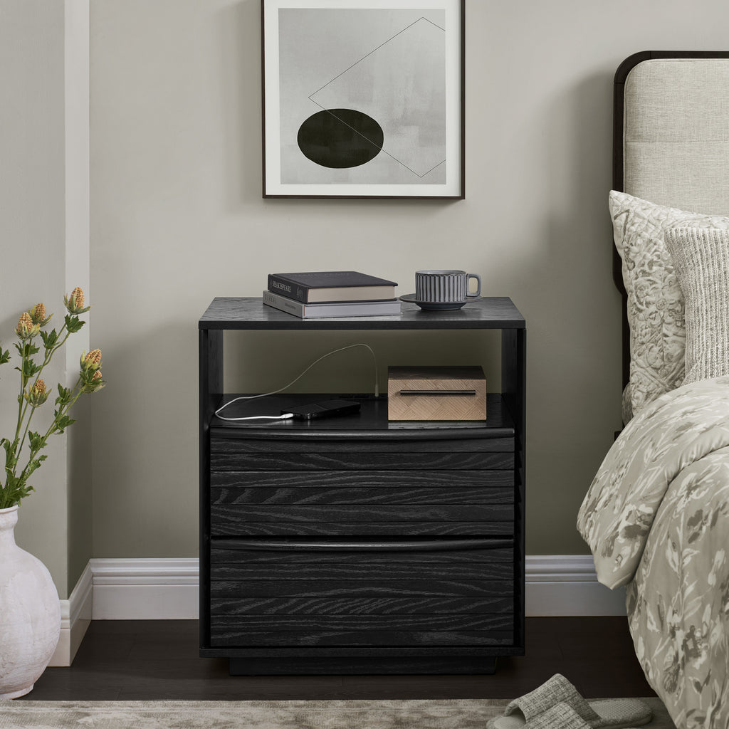Mid Century Modern Nightstand with Charging Station & Outlet Hole & 2 Solid Wood Drawers, Louver Design Farmhouse End Table with Open Shelf & Drawer Dresser for Living Room Reception Room Dorm, Black