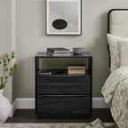 Mid Century Modern Nightstand with Charging Station & Outlet Hole & 2 Solid Wood Drawers, Louver Design Farmhouse End Table with Open Shelf & Drawer Dresser for Living Room Reception Room Dorm, Black