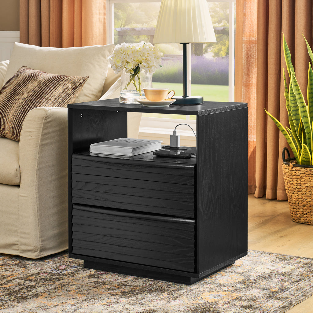 Mid Century Modern Nightstand with Charging Station & Outlet Hole & 2 Solid Wood Drawers, Louver Design Farmhouse End Table with Open Shelf & Drawer Dresser for Living Room Reception Room Dorm, Black