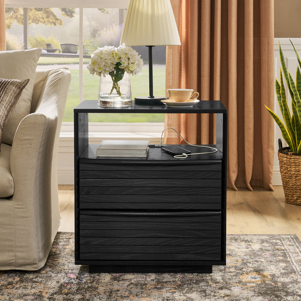 Mid Century Modern Nightstand with Charging Station & Outlet Hole & 2 Solid Wood Drawers, Louver Design Farmhouse End Table with Open Shelf & Drawer Dresser for Living Room Reception Room Dorm, Black