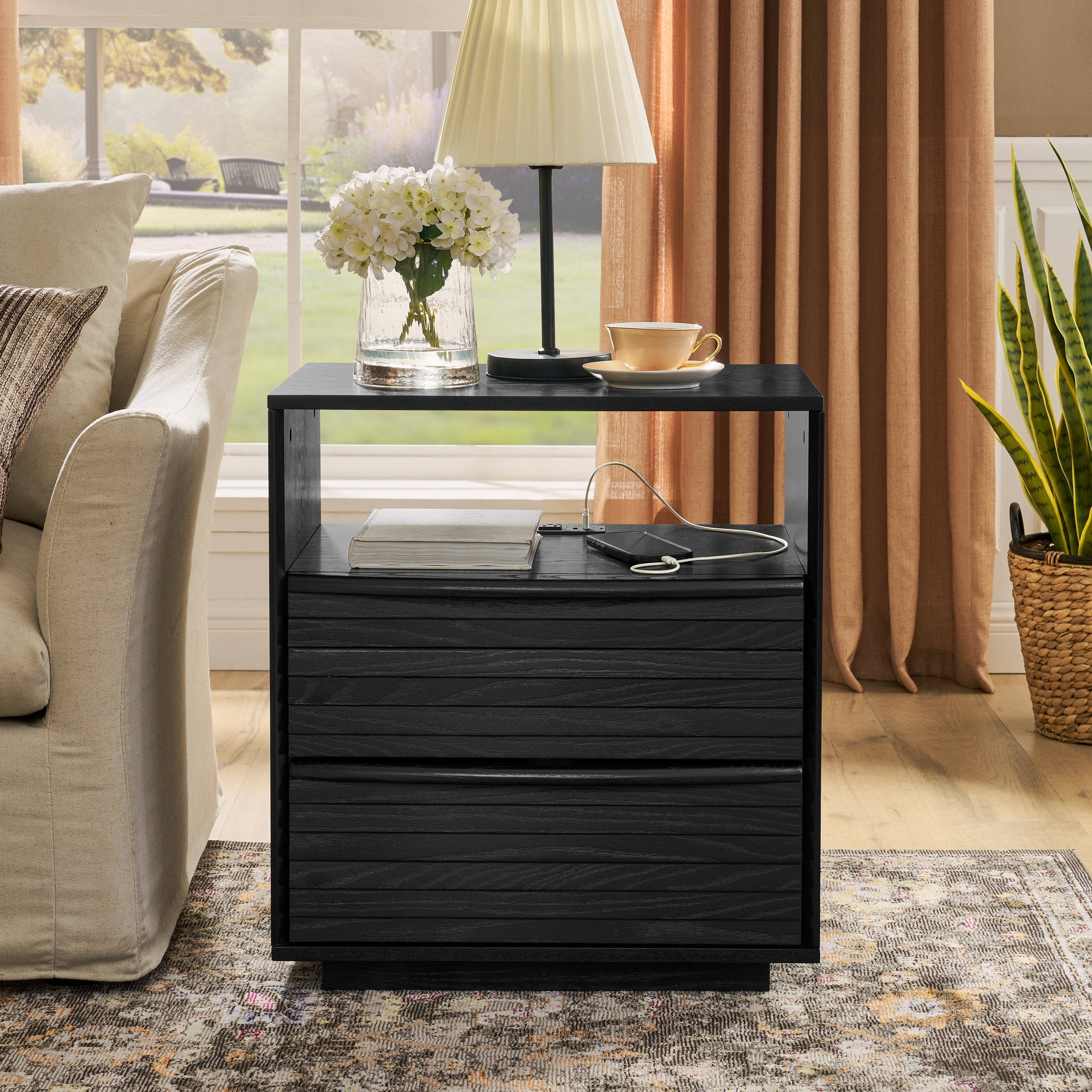 Mid Century Modern Nightstand with Charging Station & Outlet Hole & 2 Solid Wood Drawers, Louver Design Farmhouse End Table with Open Shelf & Drawer Dresser for Living Room Reception Room Dorm, Black