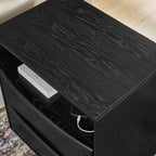 Mid Century Modern Nightstand with Charging Station & Outlet Hole & 2 Solid Wood Drawers, Louver Design Farmhouse End Table with Open Shelf & Drawer Dresser for Living Room Reception Room Dorm, Black
