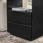 Mid Century Modern Nightstand with Charging Station & Outlet Hole & 2 Solid Wood Drawers, Louver Design Farmhouse End Table with Open Shelf & Drawer Dresser for Living Room Reception Room Dorm, Black