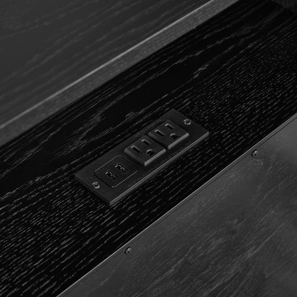 Mid Century Modern Nightstand with Charging Station & Outlet Hole & 2 Solid Wood Drawers, Louver Design Farmhouse End Table with Open Shelf & Drawer Dresser for Living Room Reception Room Dorm, Black