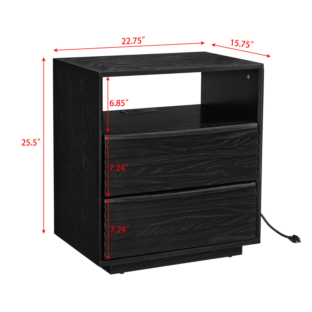 Mid Century Modern Nightstand with Charging Station & Outlet Hole & 2 Solid Wood Drawers, Louver Design Farmhouse End Table with Open Shelf & Drawer Dresser for Living Room Reception Room Dorm, Black