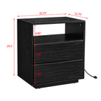 Mid Century Modern Nightstand with Charging Station & Outlet Hole & 2 Solid Wood Drawers, Louver Design Farmhouse End Table with Open Shelf & Drawer Dresser for Living Room Reception Room Dorm, Black