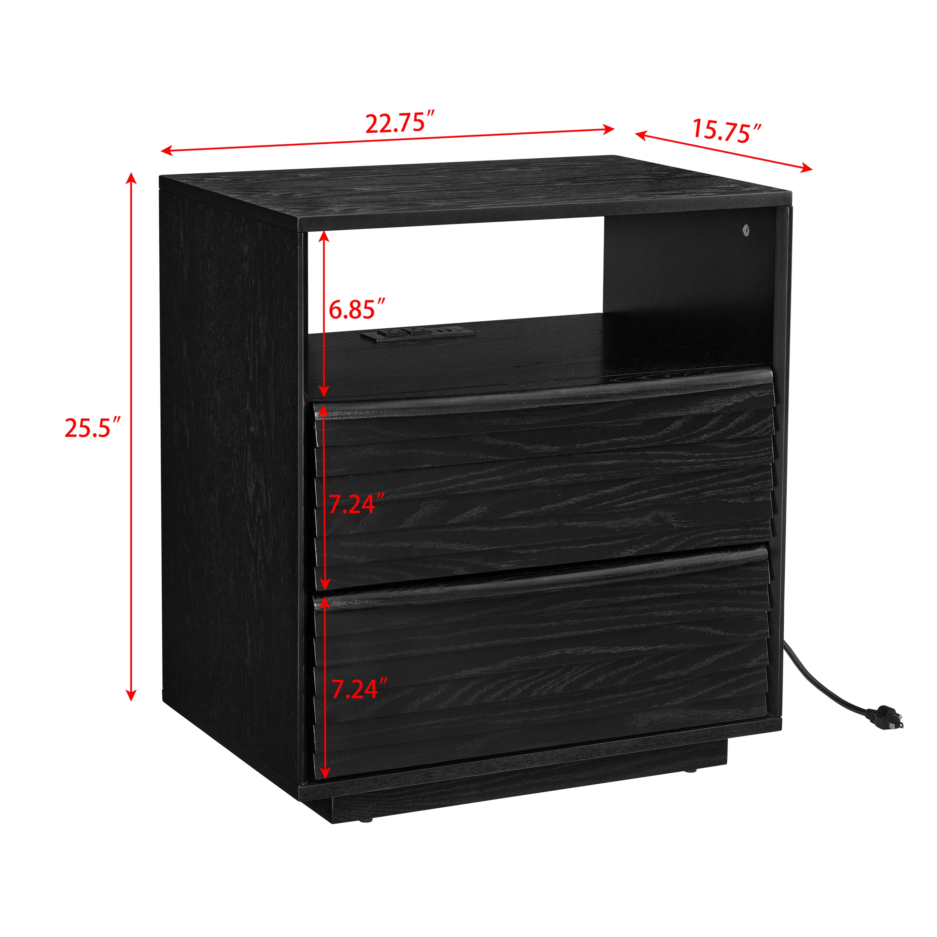 Mid Century Modern Nightstand with Charging Station & Outlet Hole & 2 Solid Wood Drawers, Louver Design Farmhouse End Table with Open Shelf & Drawer Dresser for Living Room Reception Room Dorm, Black