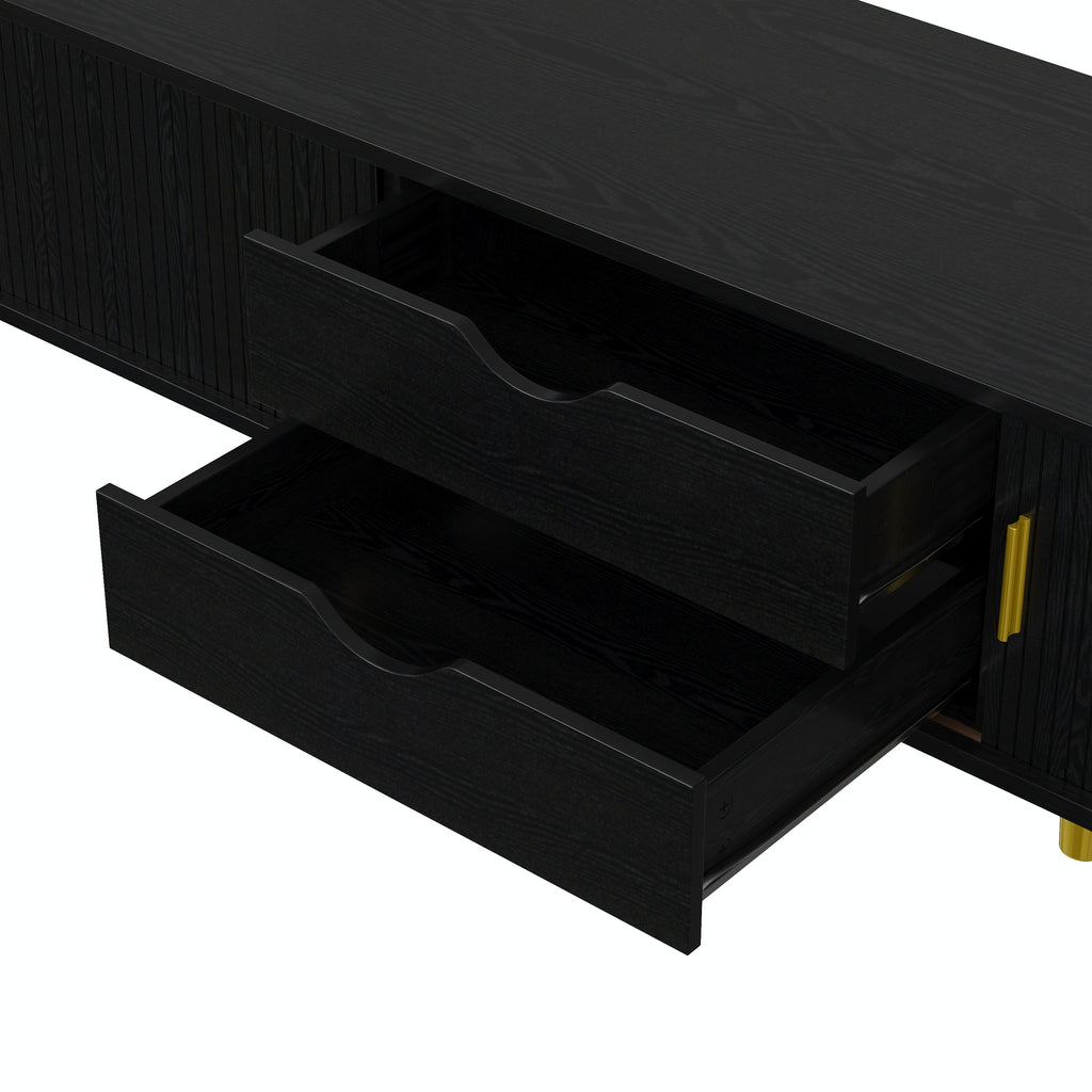 [Assembly Video]Wooden Oval Fluted TV Stand with Charging Station for TV up to 80', Mid-Century Media Console with Sliding Tambour Door, Farmhouse TV Cabinet with Golden Handle for Living Room, Black