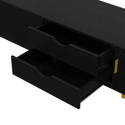 [Assembly Video]Wooden Oval Fluted TV Stand with Charging Station for TV up to 80', Mid-Century Media Console with Sliding Tambour Door, Farmhouse TV Cabinet with Golden Handle for Living Room, Black