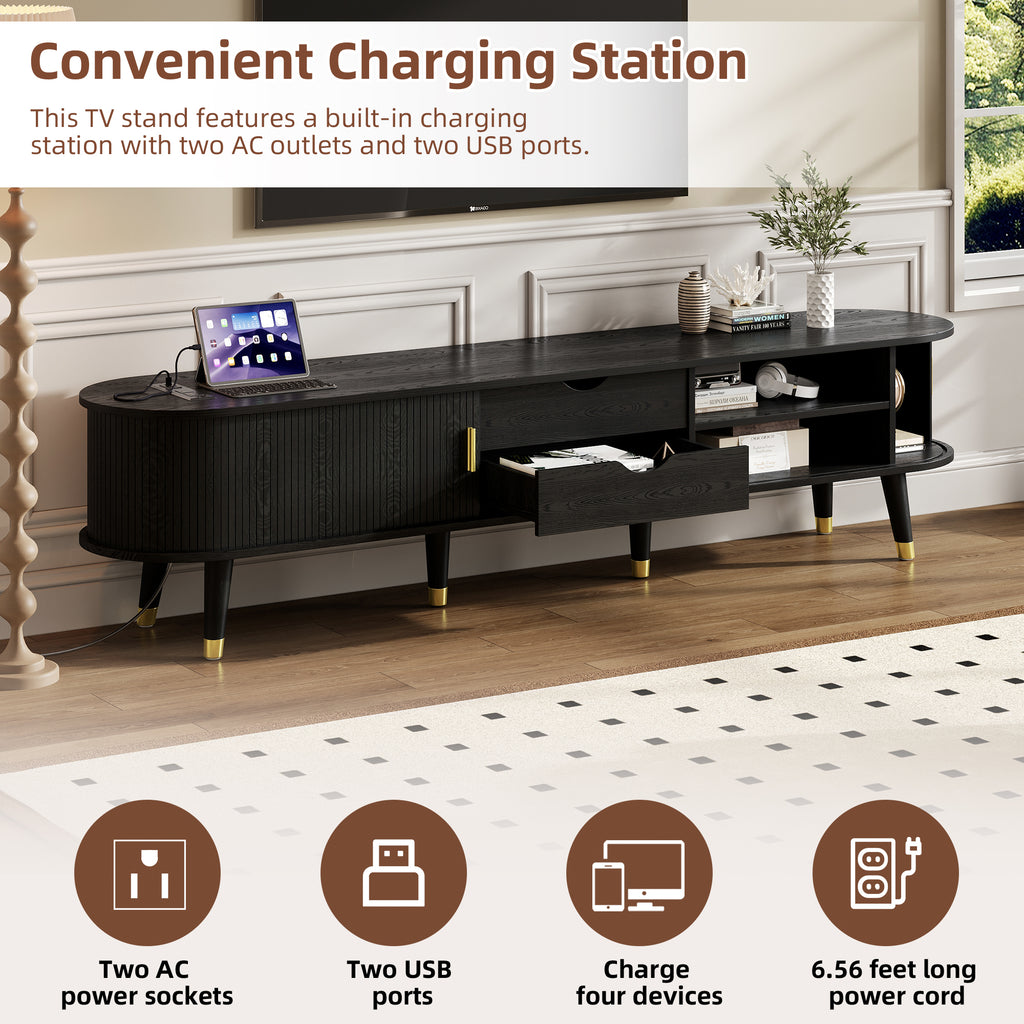 [Assembly Video]Wooden Oval Fluted TV Stand with Charging Station for TV up to 80', Mid-Century Media Console with Sliding Tambour Door, Farmhouse TV Cabinet with Golden Handle for Living Room, Black