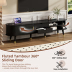 [Assembly Video]Wooden Oval Fluted TV Stand with Charging Station for TV up to 80', Mid-Century Media Console with Sliding Tambour Door, Farmhouse TV Cabinet with Golden Handle for Living Room, Black