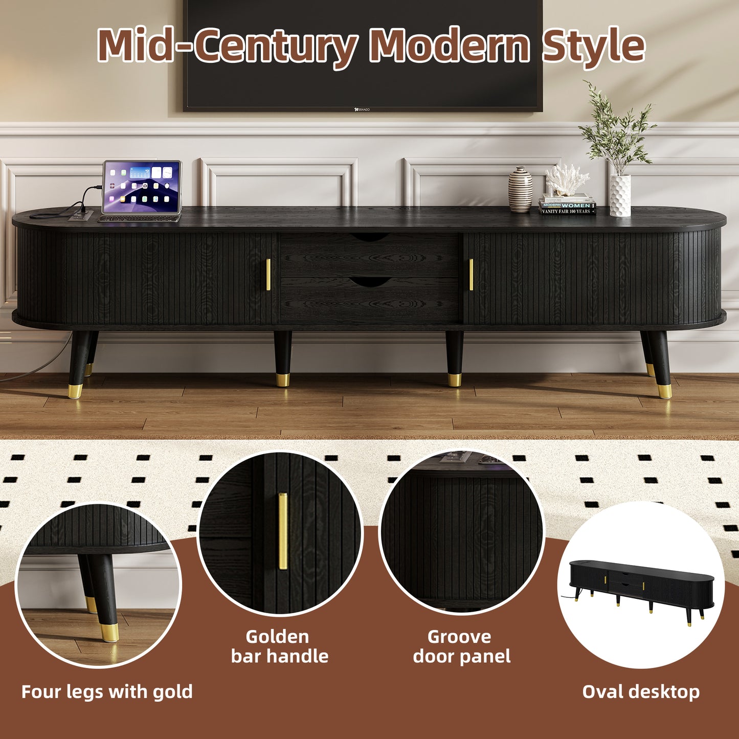 [Assembly Video]Wooden Oval Fluted TV Stand with Charging Station for TV up to 80', Mid-Century Media Console with Sliding Tambour Door, Farmhouse TV Cabinet with Golden Handle for Living Room, Black