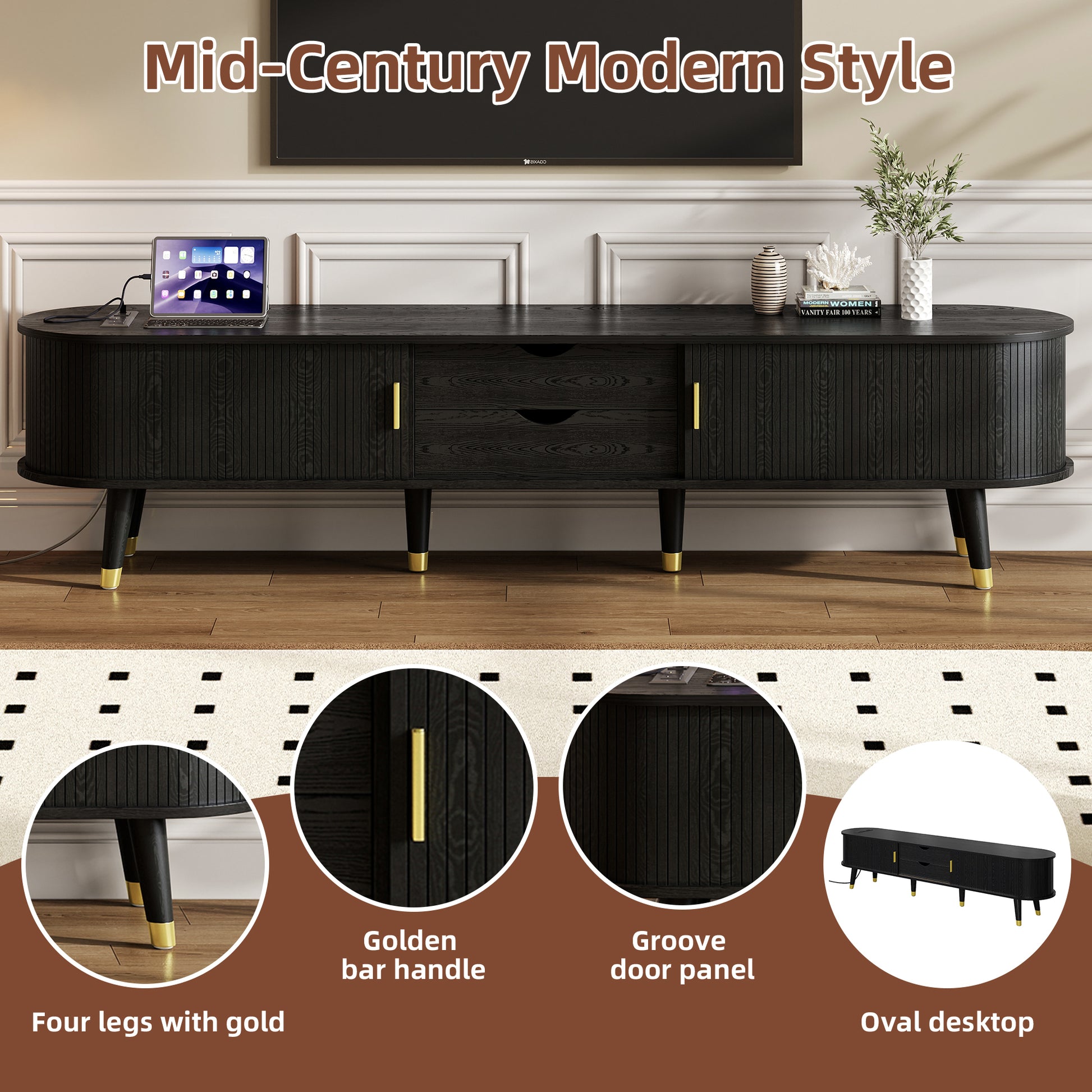 [Assembly Video]Wooden Oval Fluted TV Stand with Charging Station for TV up to 80', Mid-Century Media Console with Sliding Tambour Door, Farmhouse TV Cabinet with Golden Handle for Living Room, Black