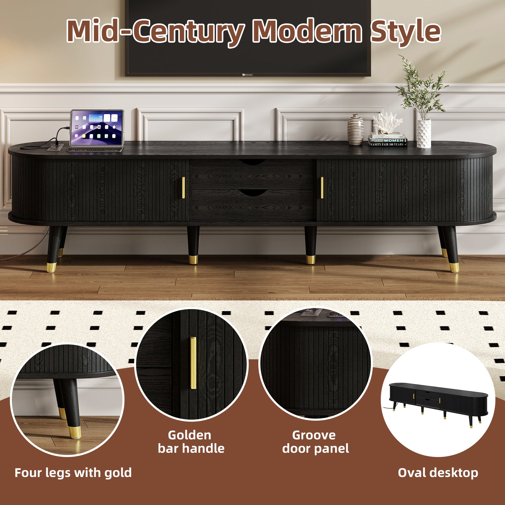 [Assembly Video]Wooden Oval Fluted TV Stand with Charging Station for TV up to 80', Mid-Century Media Console with Sliding Tambour Door, Farmhouse TV Cabinet with Golden Handle for Living Room, Black