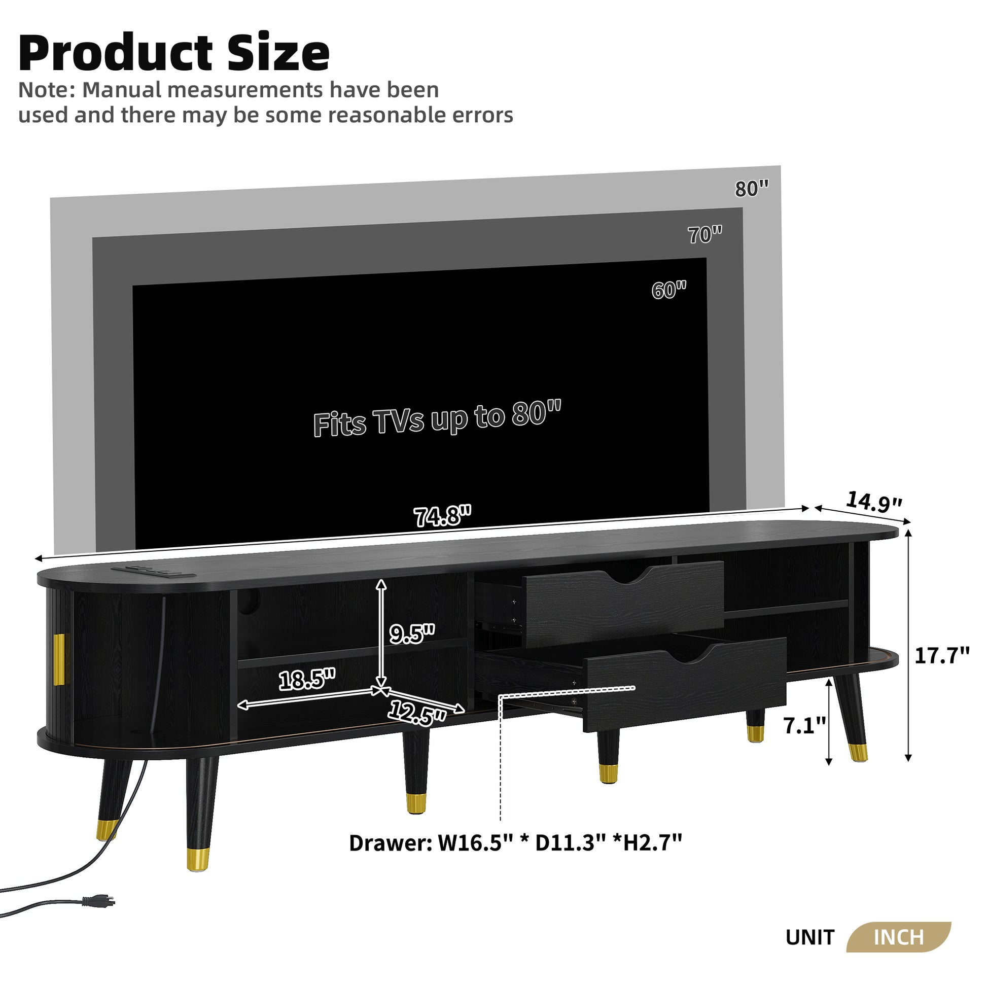 [Assembly Video]Wooden Oval Fluted TV Stand with Charging Station for TV up to 80', Mid-Century Media Console with Sliding Tambour Door, Farmhouse TV Cabinet with Golden Handle for Living Room, Black