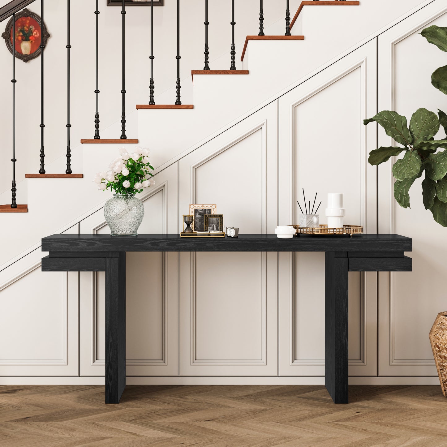 66' Extra Wide Real Wood Veneered Console Table, Minimalist Sofa Table Behind Couch for Entryway, Hallway, Living Room, Home Office, Black