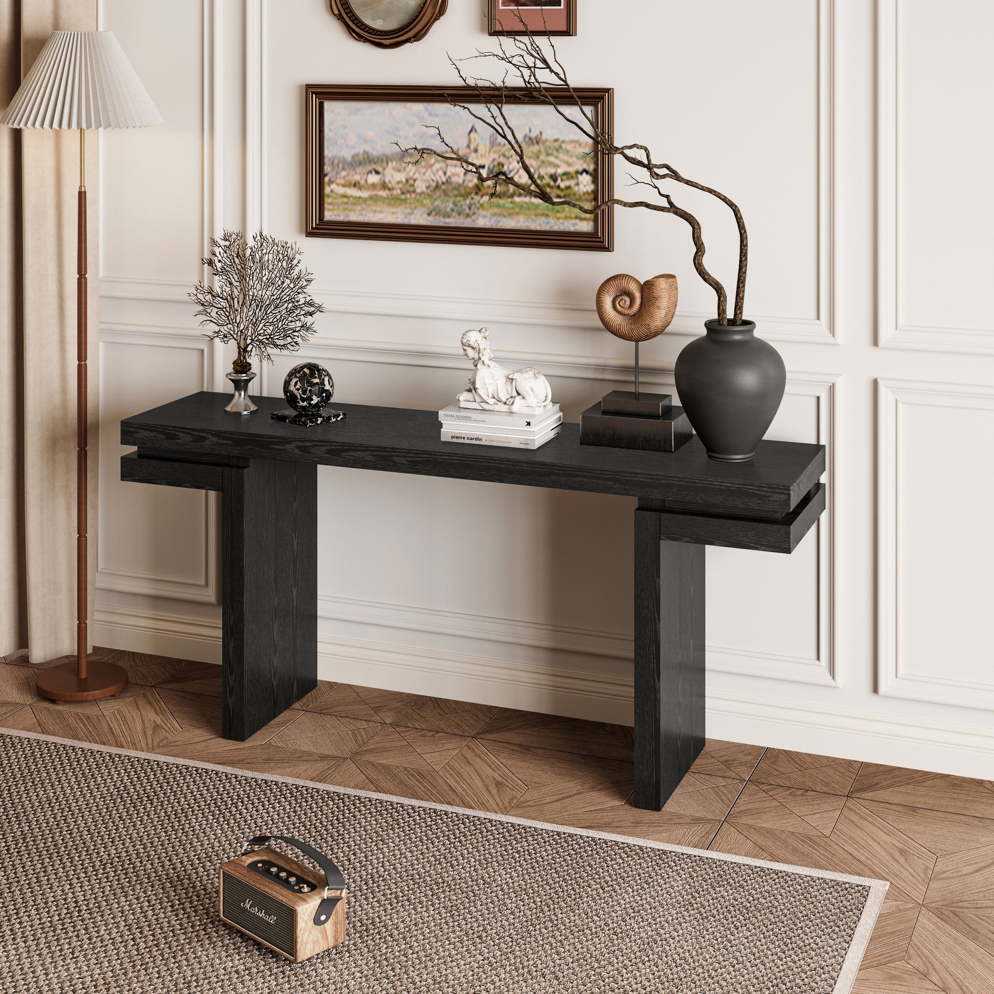 66' Extra Wide Real Wood Veneered Console Table, Minimalist Sofa Table Behind Couch for Entryway, Hallway, Living Room, Home Office, Black