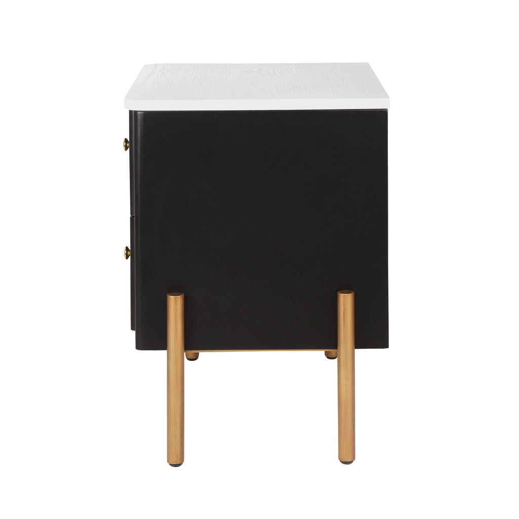 Modern Nightstand with 2 Storage Drawer, Fluted Bedside Table with Golden Metal Handles and Legs, End Table for Living Room and Bedroom, Easy Assembly, Black