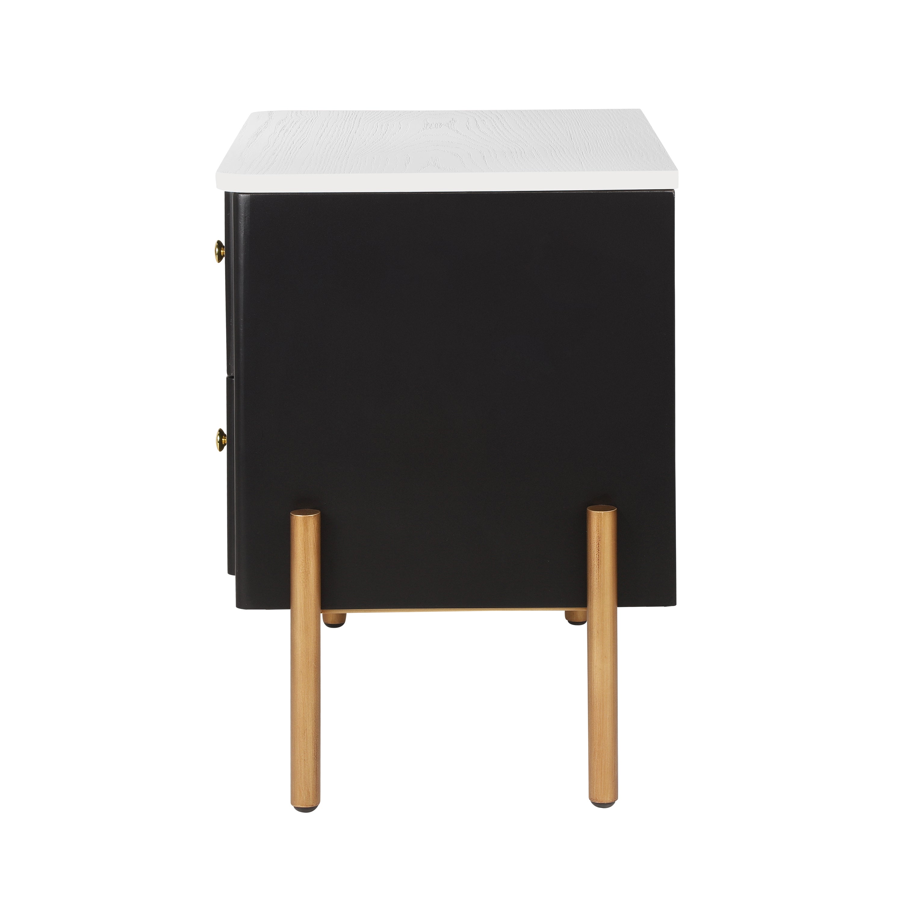 Modern Nightstand with 2 Storage Drawer, Fluted Bedside Table with Golden Metal Handles and Legs, End Table for Living Room and Bedroom, Easy Assembly, Black