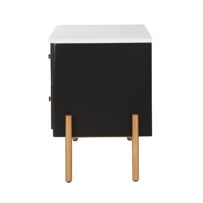 Modern Nightstand with 2 Storage Drawer, Fluted Bedside Table with Golden Metal Handles and Legs, End Table for Living Room and Bedroom, Easy Assembly, Black