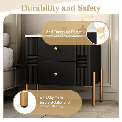 Modern Nightstand with 2 Storage Drawer, Fluted Bedside Table with Golden Metal Handles and Legs, End Table for Living Room and Bedroom, Easy Assembly, Black