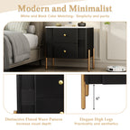 Modern Nightstand with 2 Storage Drawer, Fluted Bedside Table with Golden Metal Handles and Legs, End Table for Living Room and Bedroom, Easy Assembly, Black