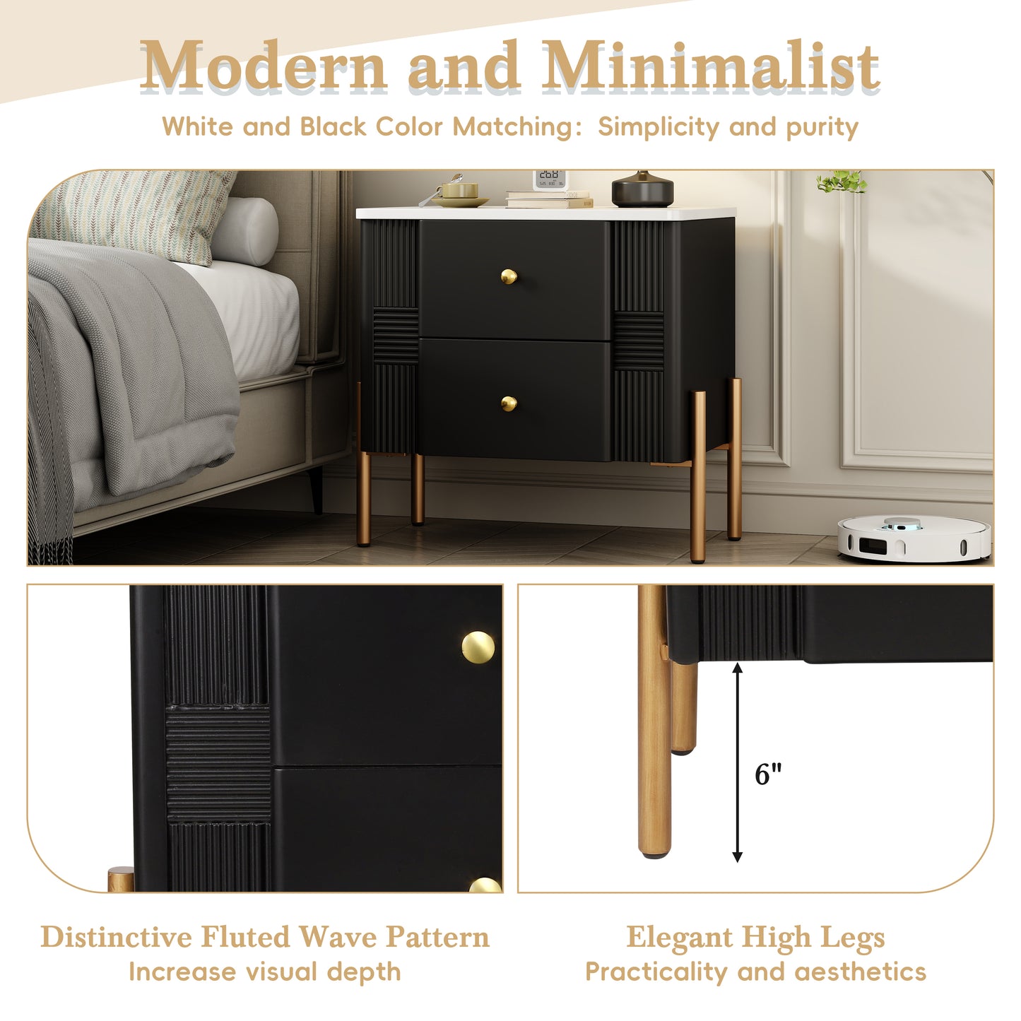 Modern Nightstand with 2 Storage Drawer, Fluted Bedside Table with Golden Metal Handles and Legs, End Table for Living Room and Bedroom, Easy Assembly, Black