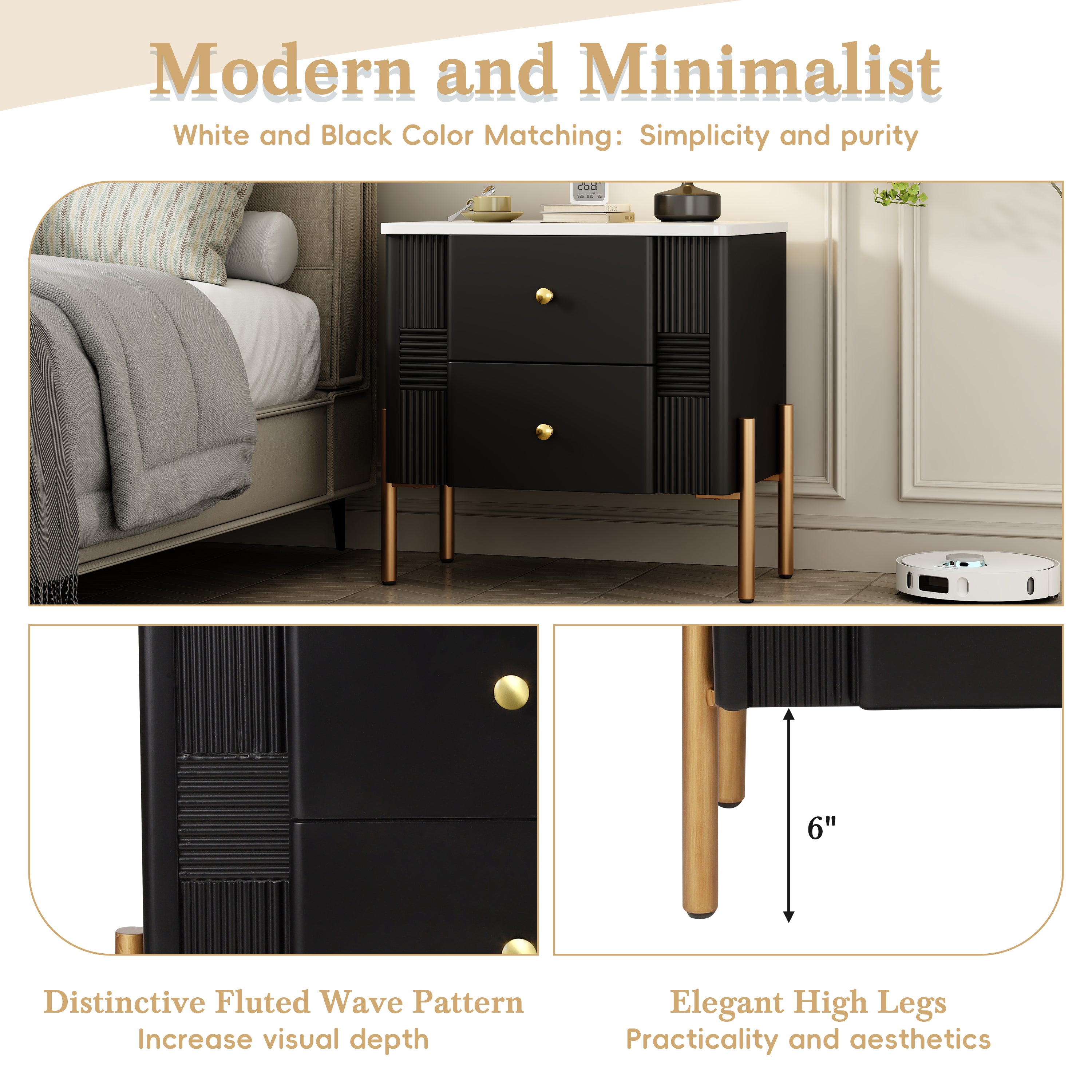 Modern Nightstand with 2 Storage Drawer, Fluted Bedside Table with Golden Metal Handles and Legs, End Table for Living Room and Bedroom, Easy Assembly, Black