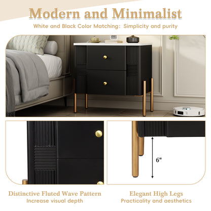 Modern Nightstand with 2 Storage Drawer, Fluted Bedside Table with Golden Metal Handles and Legs, End Table for Living Room and Bedroom, Easy Assembly, Black